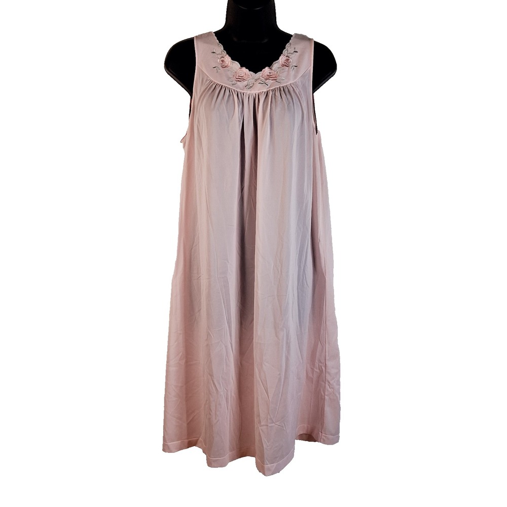 Shadowline Nightgown Size Small Floral Trim Pink Pastel All Nylon Sleeveless 36"